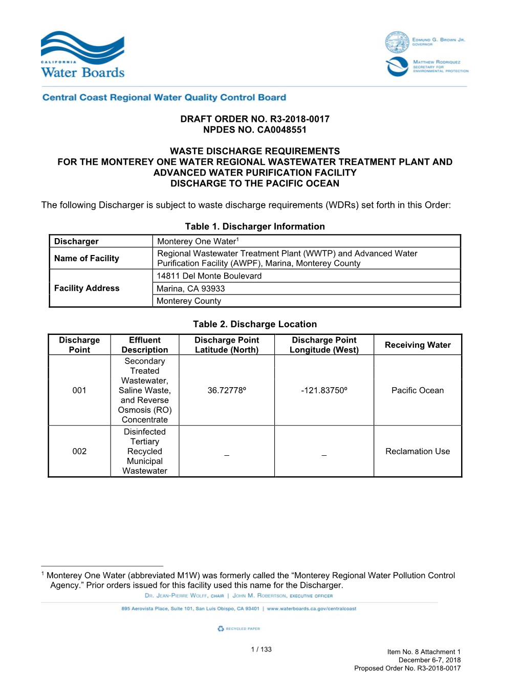 Draft Order No. R3-2018-0017 Npdes No. Ca0048551 Waste Discharge Requirements for the Monterey One Water Regional Wastewater Tr