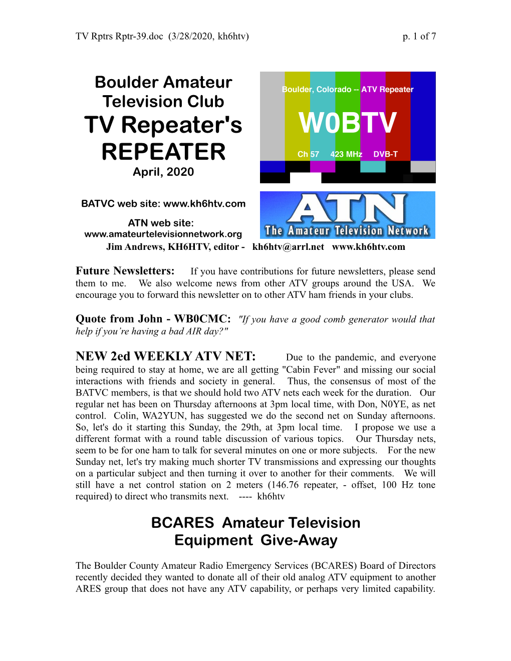 Boulder Amateur Television Club TV Repeater's REPEATER April, 2020