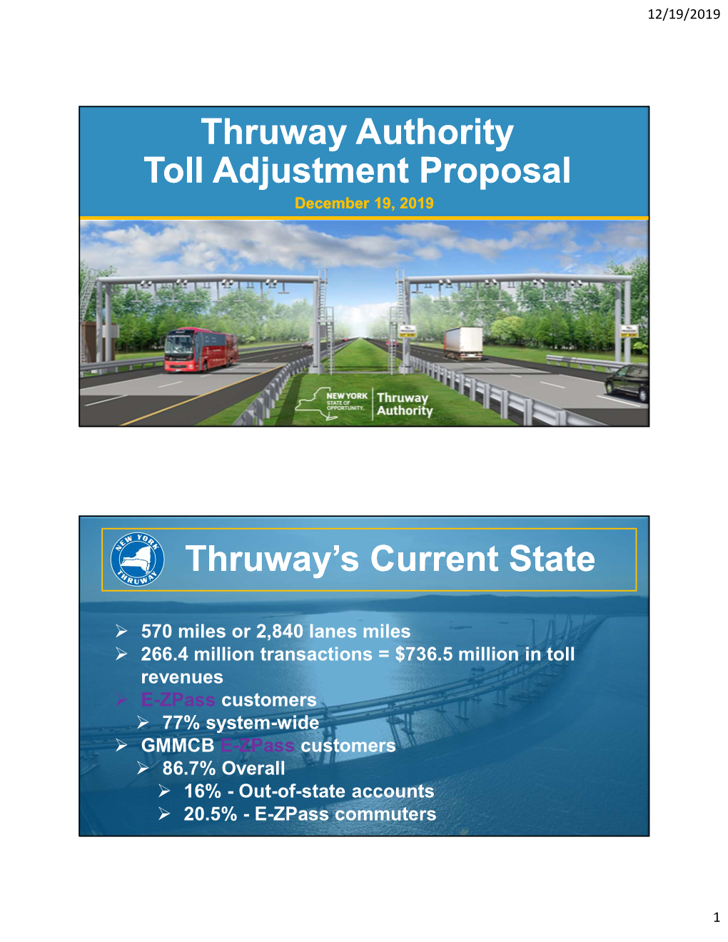 Thruway Authority Toll Adjustment Proposal December 19, 2019