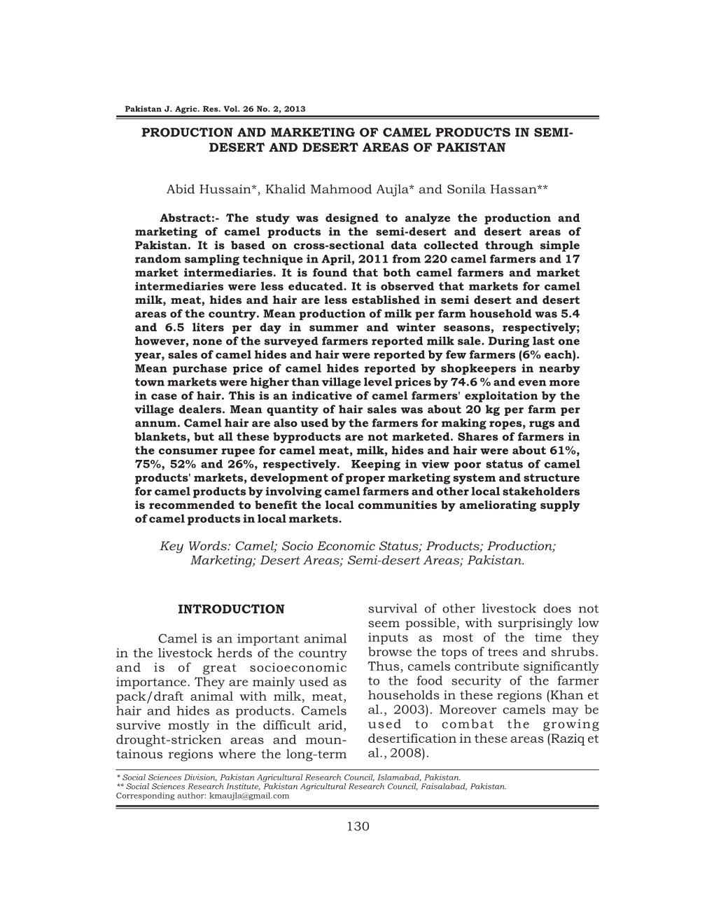 Production and Marketing of Camel Products in Semi-Desert and Desert Areas of Pakistan