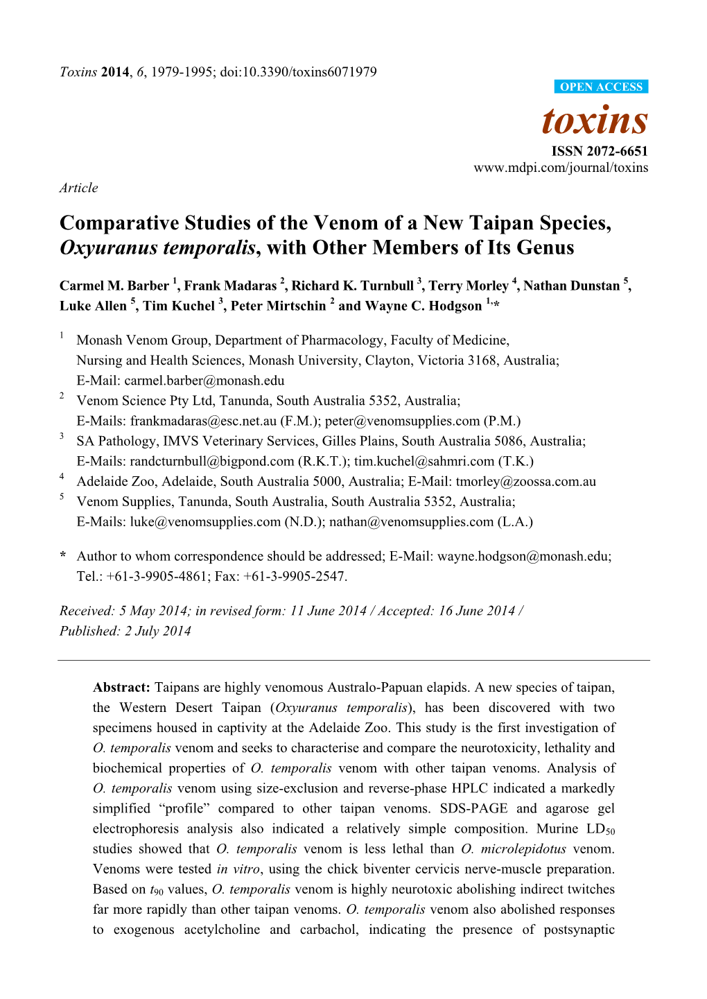 Comparative Studies of the Venom of a New Taipan Species, Oxyuranus Temporalis, with Other Members of Its Genus
