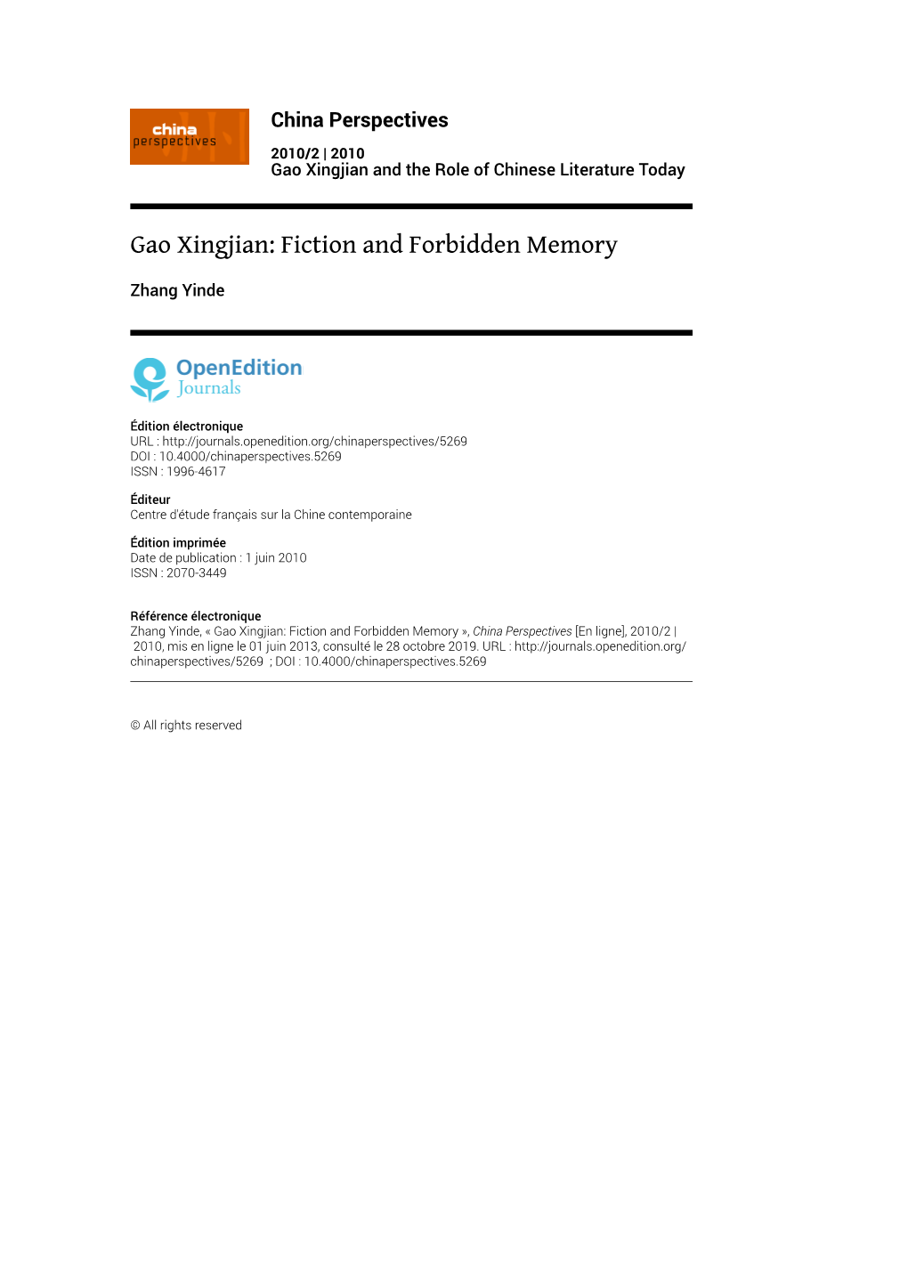 Gao Xingjian: Fiction and Forbidden Memory