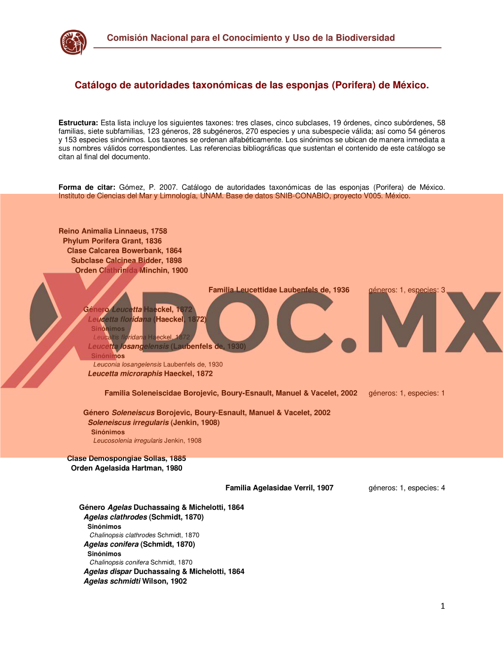 Catálogo De Autoridades Taxonómicas De Las Esponjas (Porifera) De México