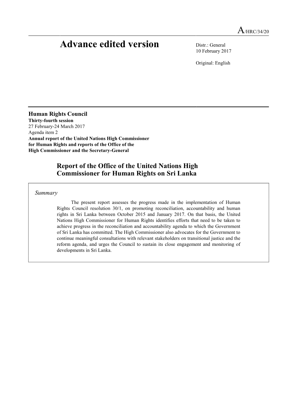 Report of the Office of the United Nations High Commissioner for Human Rights on Sri Lanka