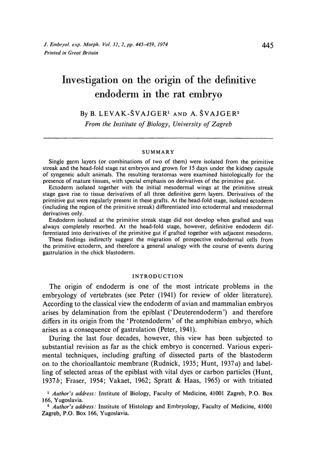 Investigation on the Origin of the Definitive Endoderm in the Rat Embryo