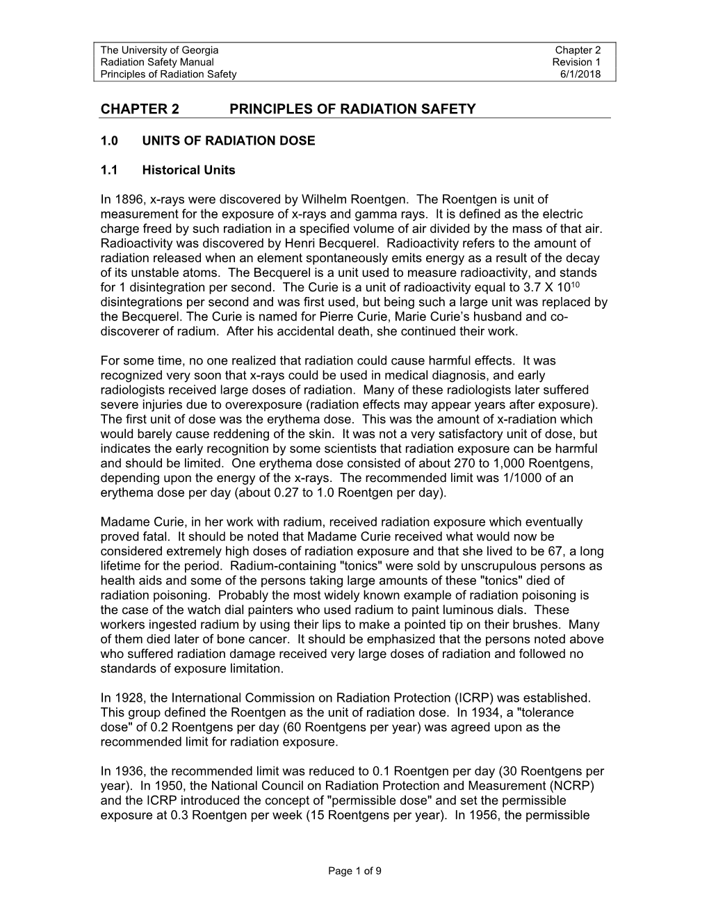 Chapter 2 Radiation Safety Manual Revision 1 Principles of Radiation Safety 6/1/2018