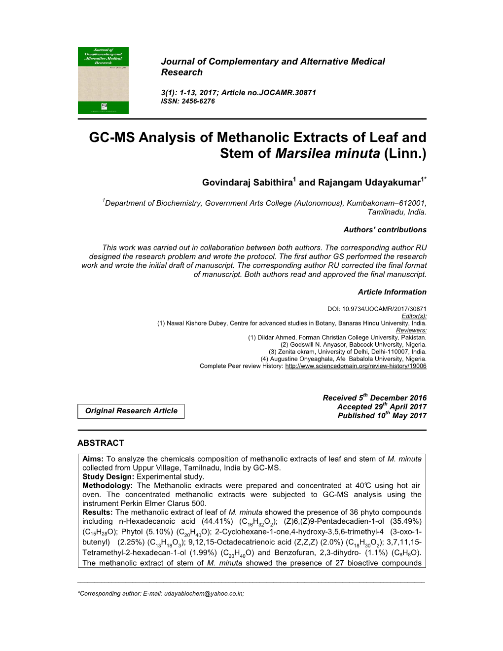 GC-MS Analysis of Methanolic Extracts of Leaf and Stem of Marsilea Minuta (Linn.)