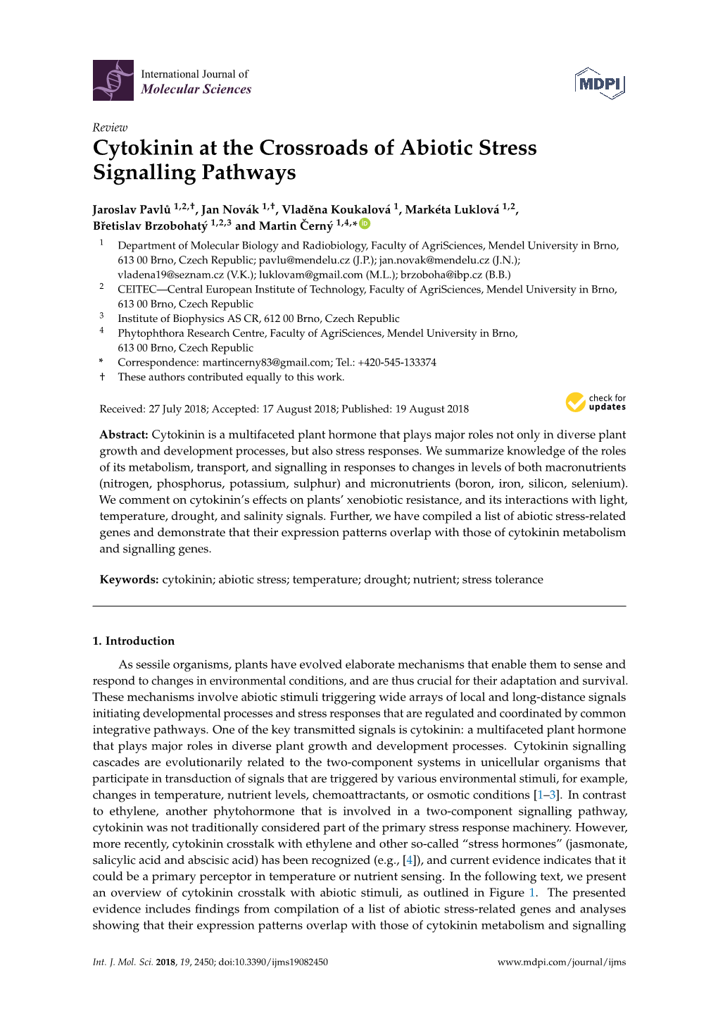 Cytokinin at the Crossroads of Abiotic Stress Signalling Pathways