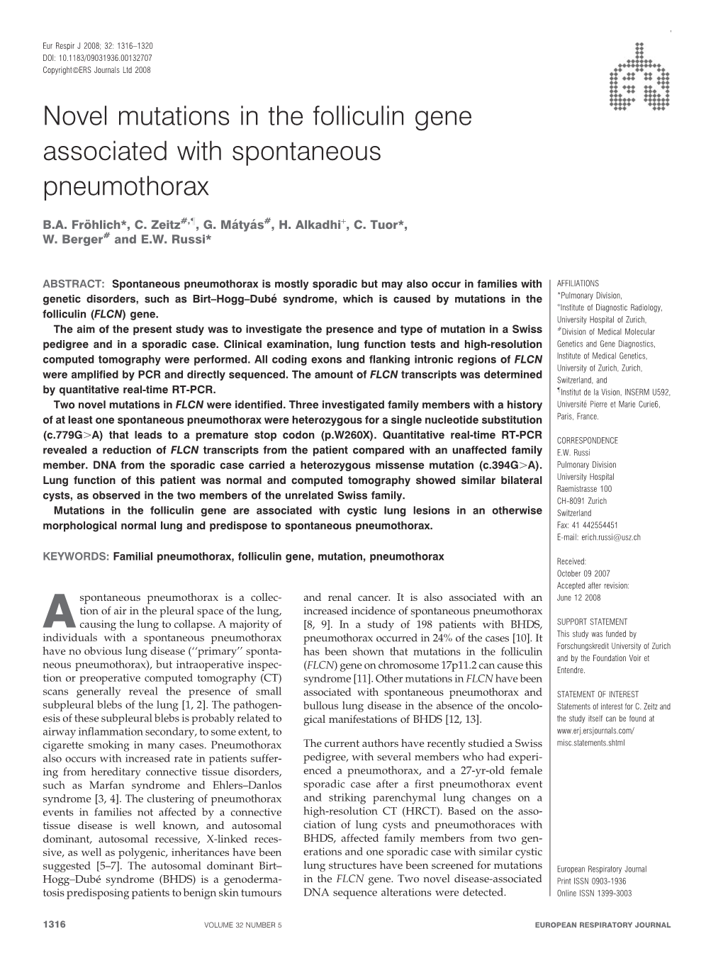 Novel Mutations in the Folliculin Gene Associated with Spontaneous Pneumothorax