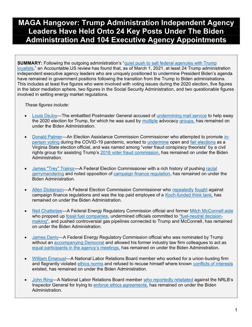 MAGA Hangover: Trump Administration Independent Agency Leaders Have Held Onto 24 Key Posts Under the Biden Administration and 104 Executive Agency Appointments