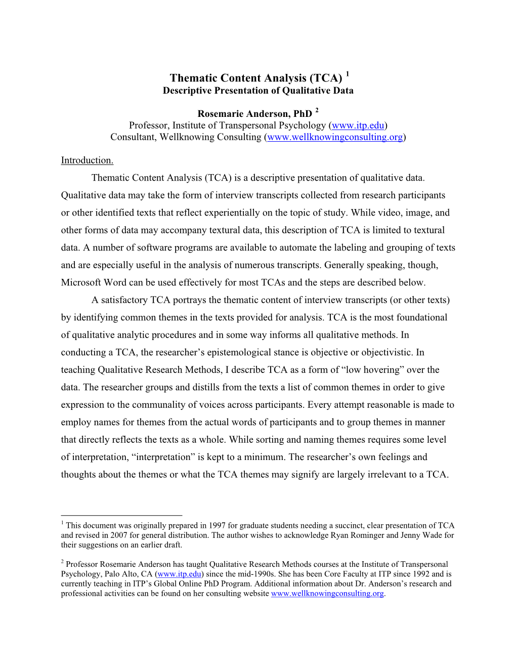 Thematic Content Analysis (TCA) 1 Descriptive Presentation of Qualitative Data