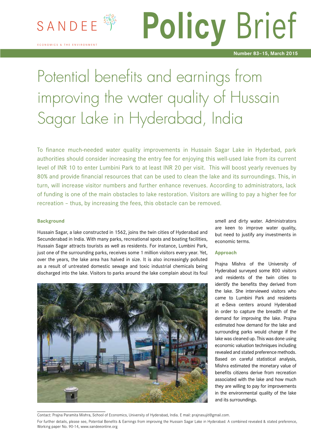Potential Benefits and Earnings from Improving the Water Quality of Hussain Sagar Lake in Hyderabad, India