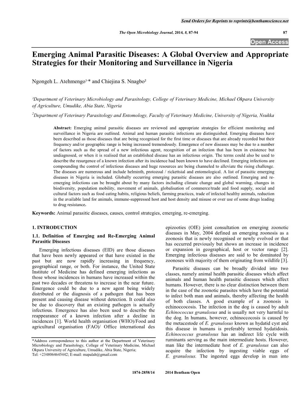 Emerging Animal Parasitic Diseases: a Global Overview and Appropriate Strategies for Their Monitoring and Surveillance in Nigeria