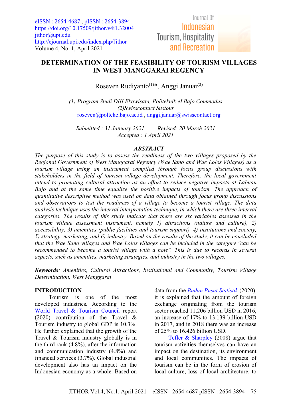 Determination of the Feasibility of Tourism Villages in West Manggarai Regency