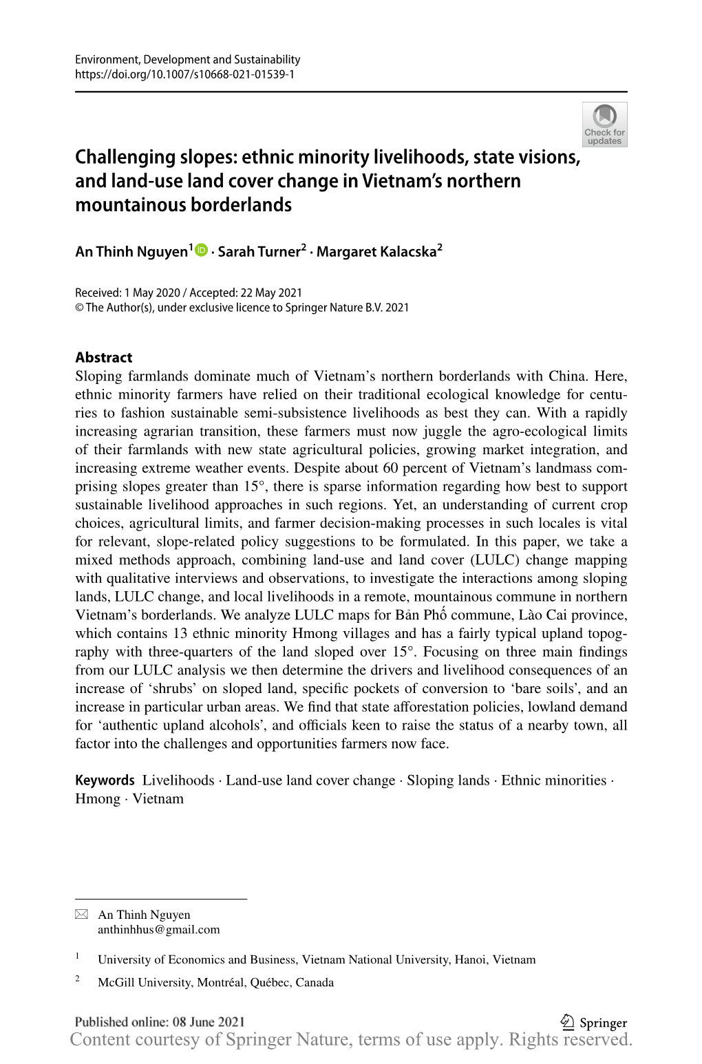 Challenging Slopes: Ethnic Minority Livelihoods, State Visions, and Land‑Use Land Cover Change in Vietnam’S Northern Mountainous Borderlands