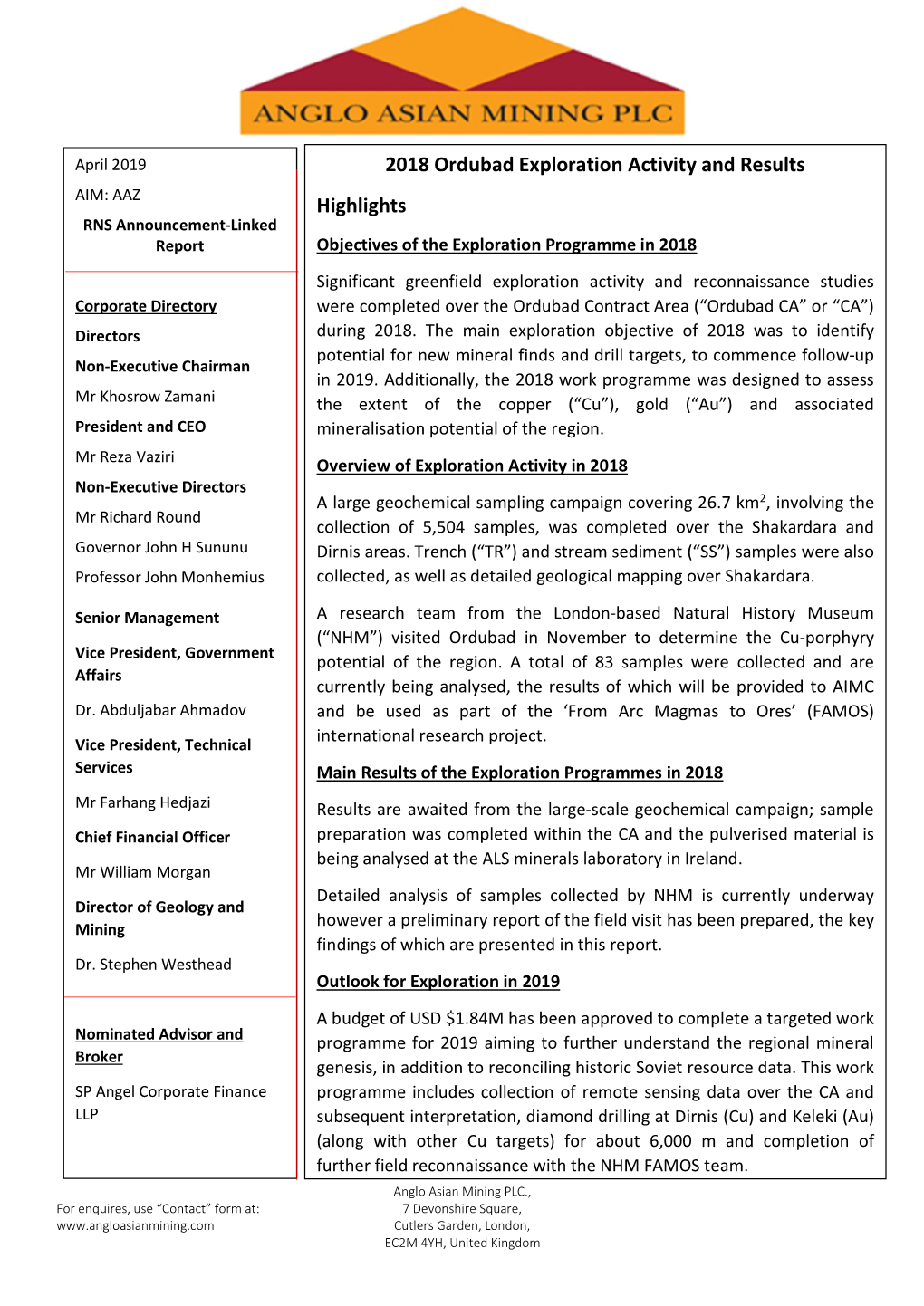 2018 Ordubad Exploration Activity and Results Highlights