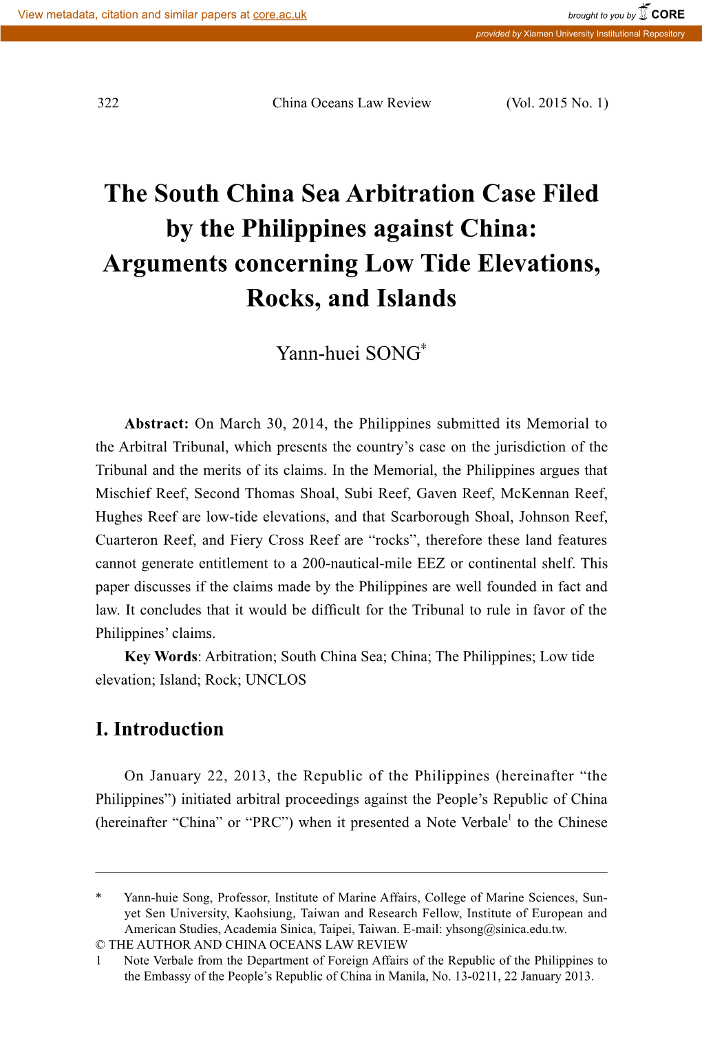 The South China Sea Arbitration Case Filed by the Philippines Against China: Arguments Concerning Low Tide Elevations, Rocks, and Islands