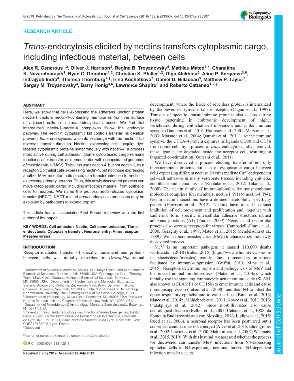 Endocytosis Elicited by Nectins Transfers Cytoplasmic Cargo, Including Infectious Material, Between Cells Alex R