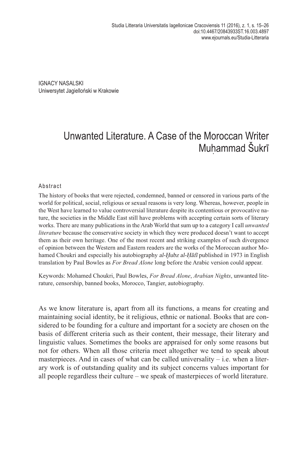 Unwanted Literature. a Case of the Moroccan Writer Muhammad