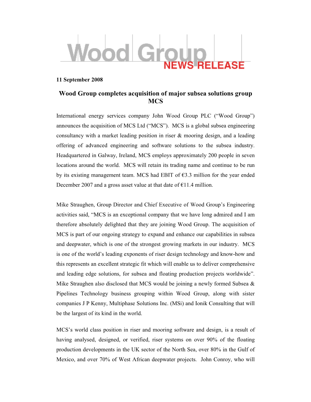 Wood Group Completes Acquisition of Major Subsea Solutions Group MCS