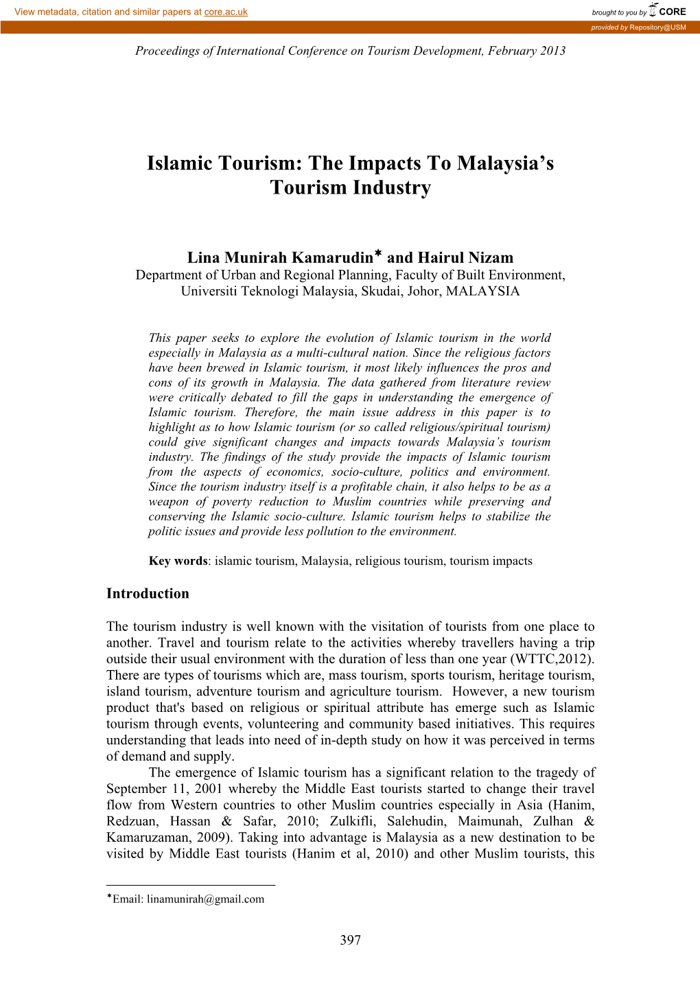 Islamic Tourism: the Impacts to Malaysia’S Tourism Industry