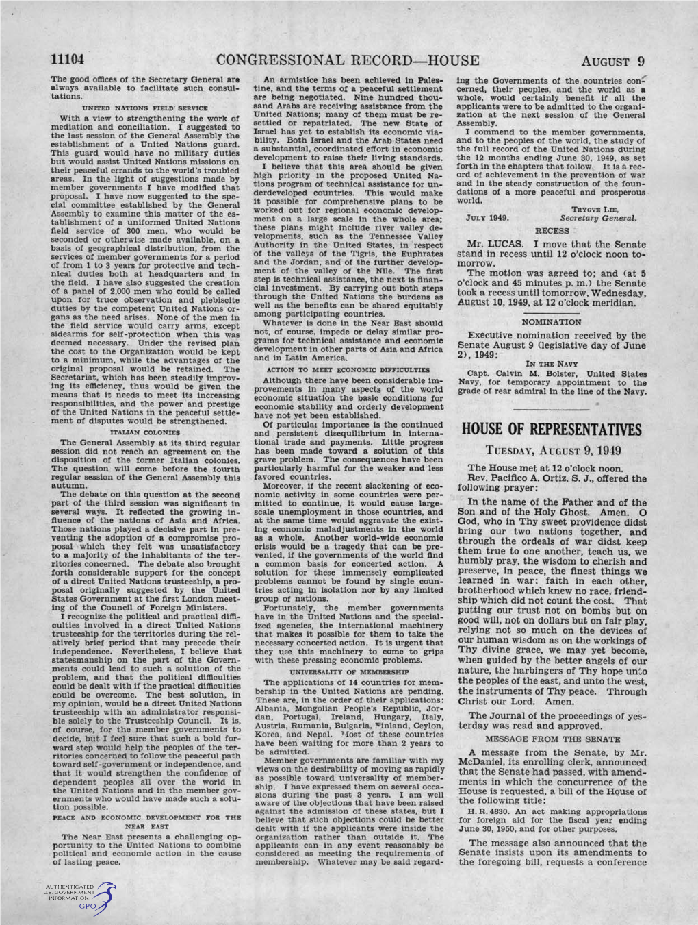 August 9, 1949 Issue of the Congressional Record