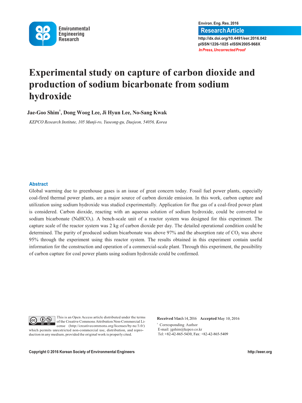 Experimental Study on Capture of Carbon Dioxide and Production of Sodium Bicarbonate from Sodium Hydroxide