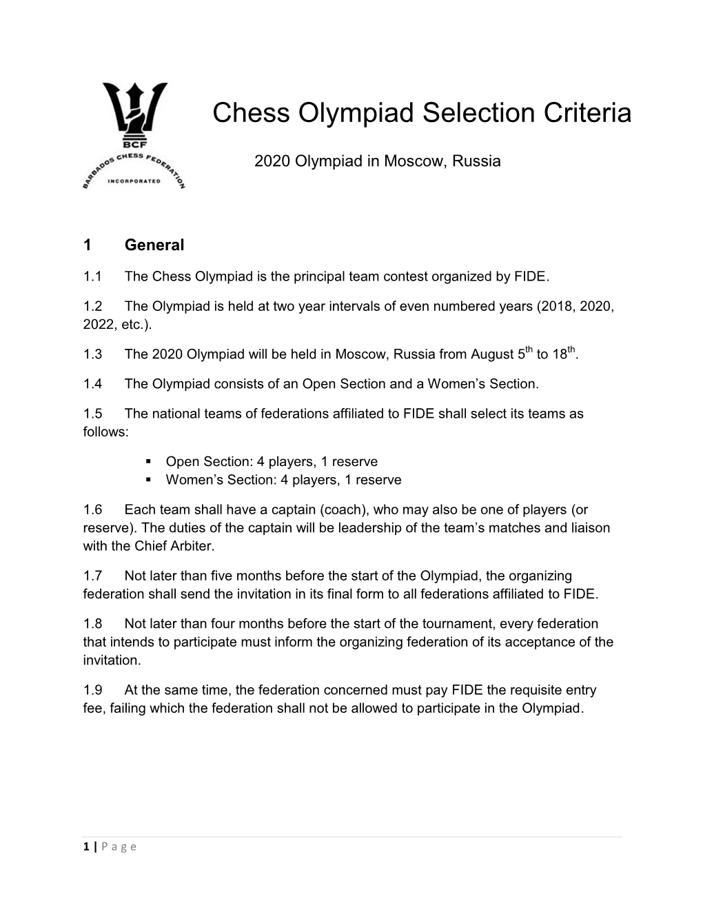 Chess Olympiad Selection Criteria