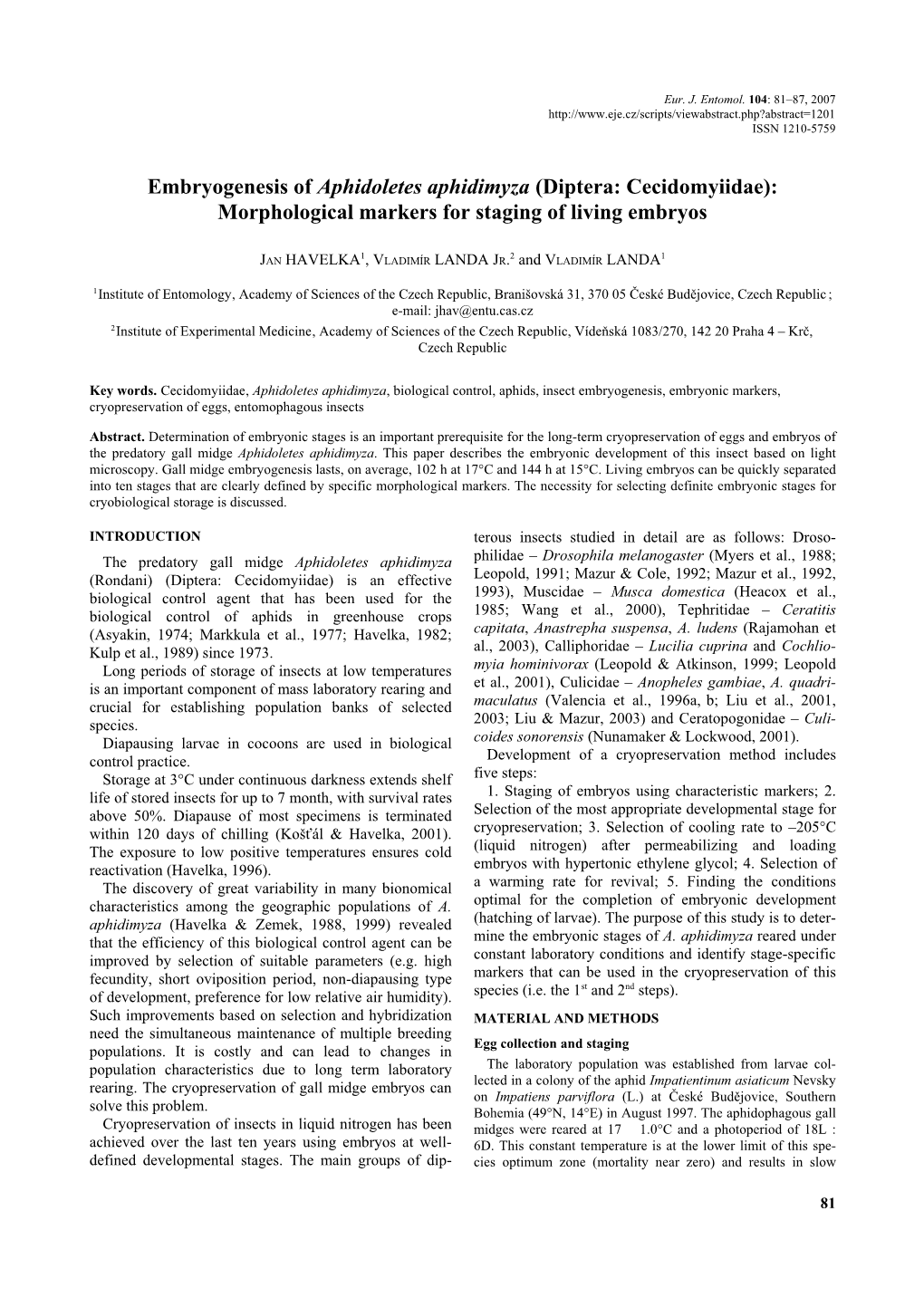 Embryogenesis of Aphidoletes Aphidimyza (Diptera: Cecidomyiidae): Morphological Markers for Staging of Living Embryos