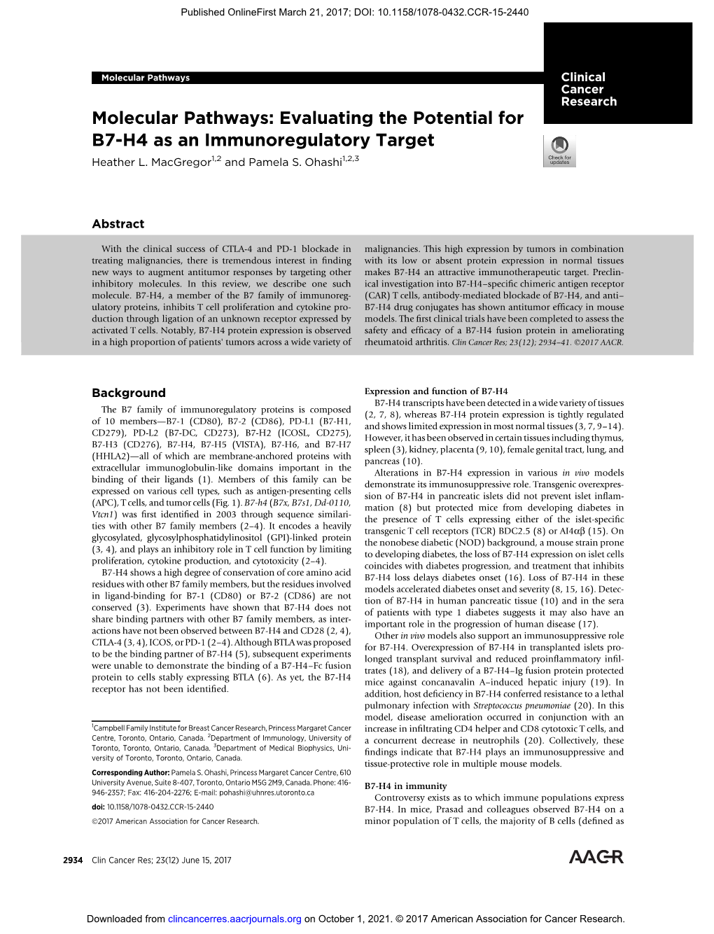 Evaluating the Potential for B7-H4 As an Immunoregulatory Target Heather L