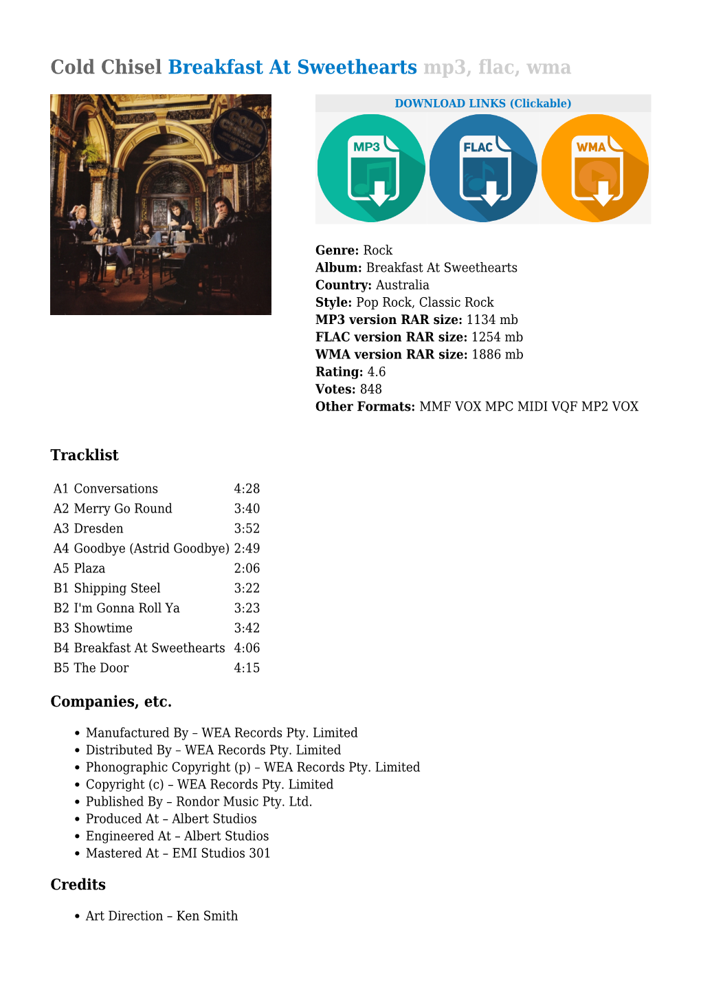 Cold Chisel Breakfast at Sweethearts Mp3, Flac, Wma