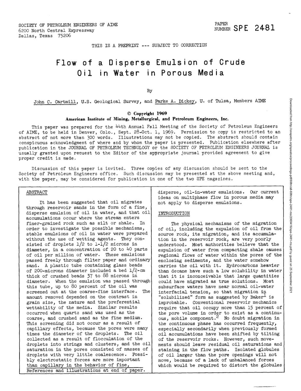 Flow of a Disperse Emulsion of Crude Oil in Water in Porous Media