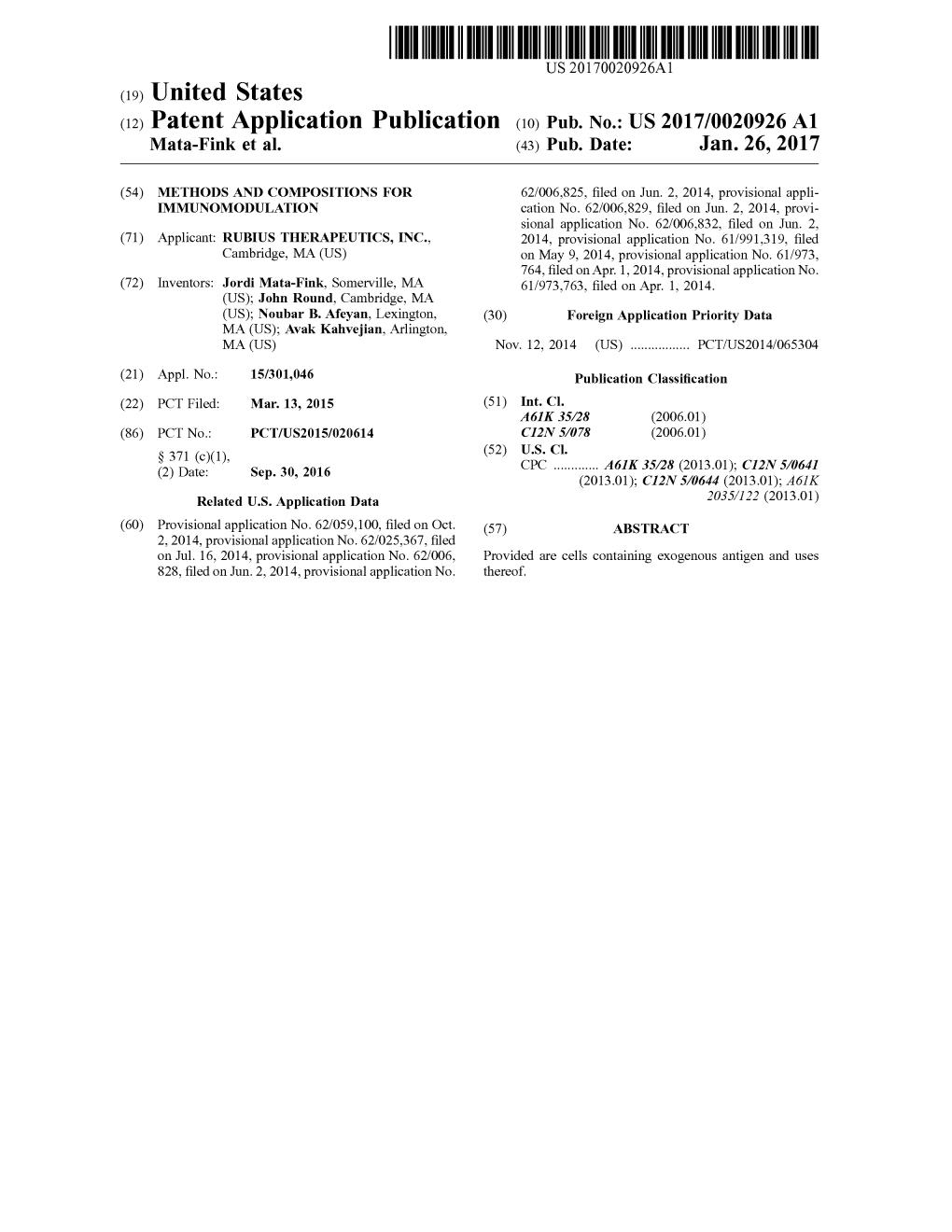 US 2017/0020926 A1 Mata-Fink Et Al