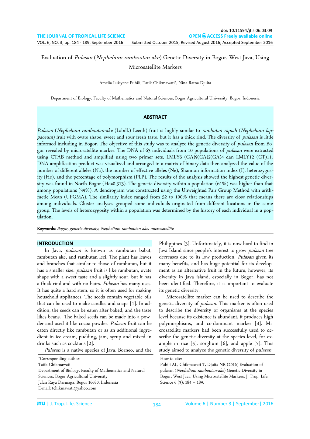 (Nephelium Ramboutan-Ake) Genetic Diversity in Bogor, West Java, Using Microsatellite Markers