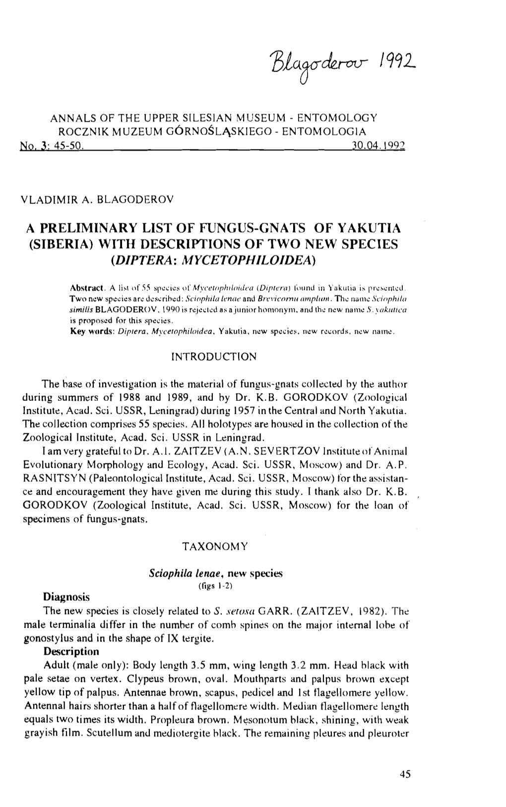 A Preliminary List of Fungus-Gnats of Yakutia (Siberia) with Descriitions of Two New Species (Diptera: Mycetophiloidea)