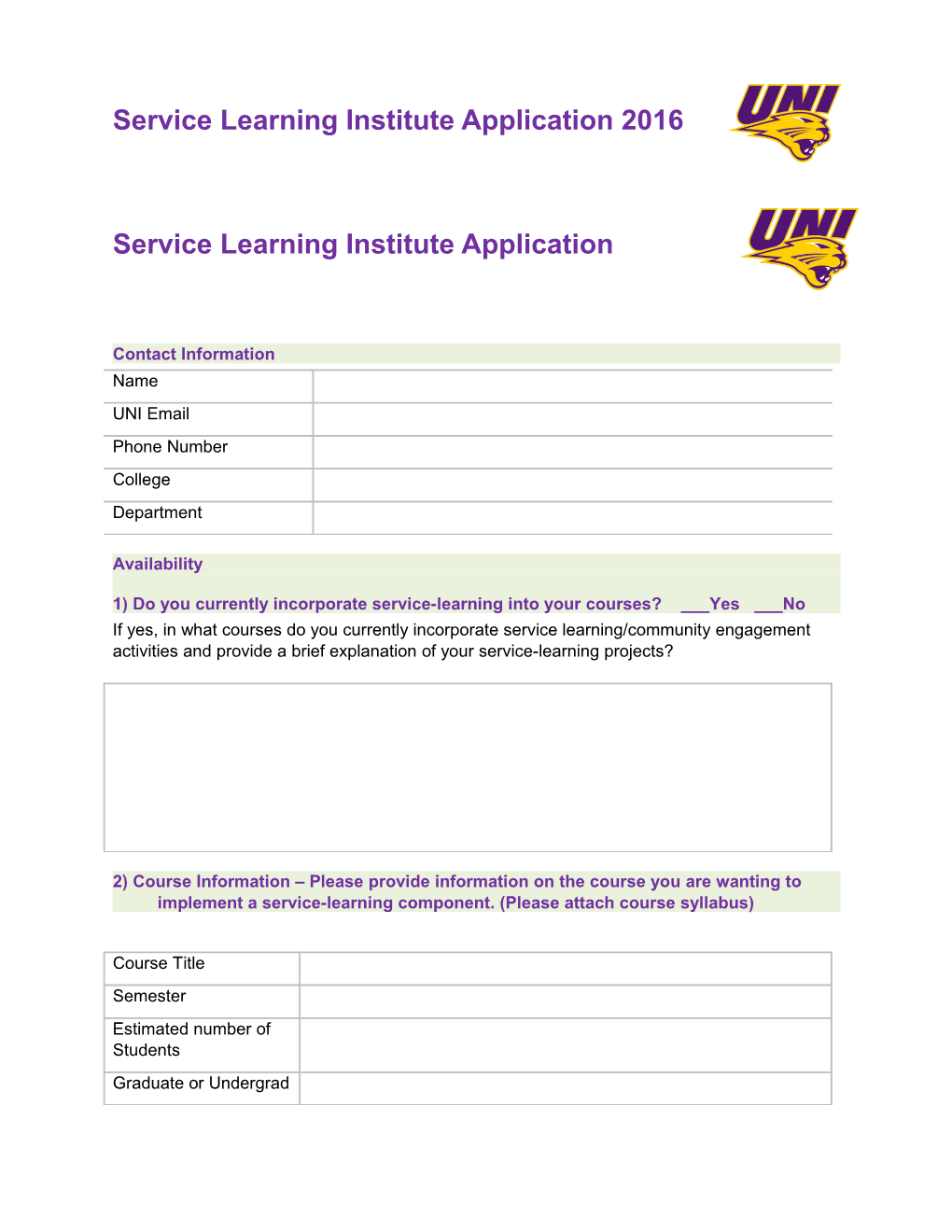 Service Learning Institute Application 2016