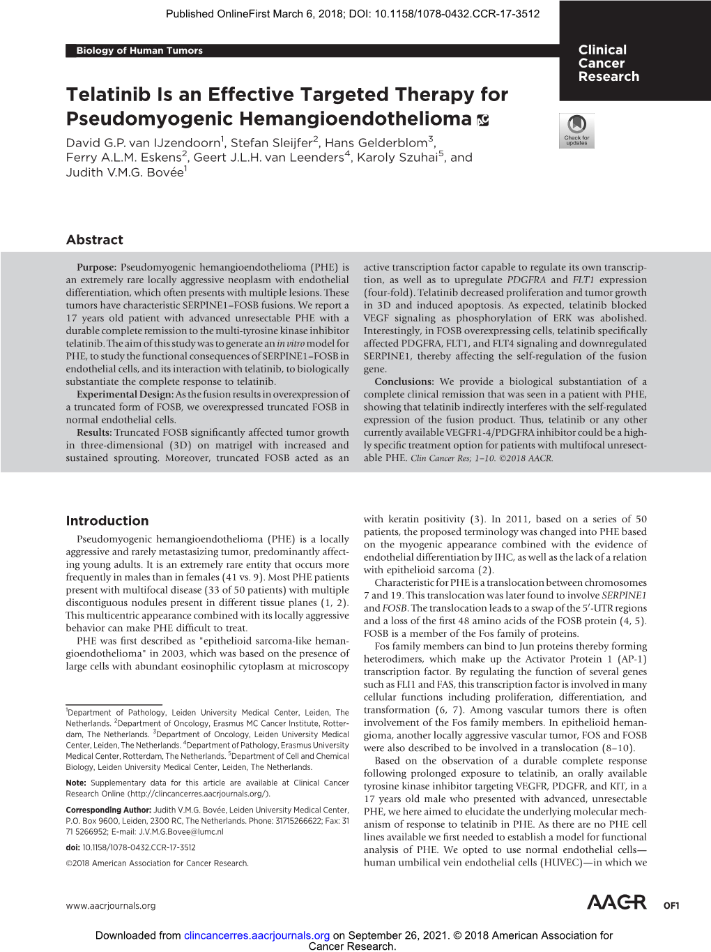 Telatinib Is an Effective Targeted Therapy for Pseudomyogenic Hemangioendothelioma David G.P