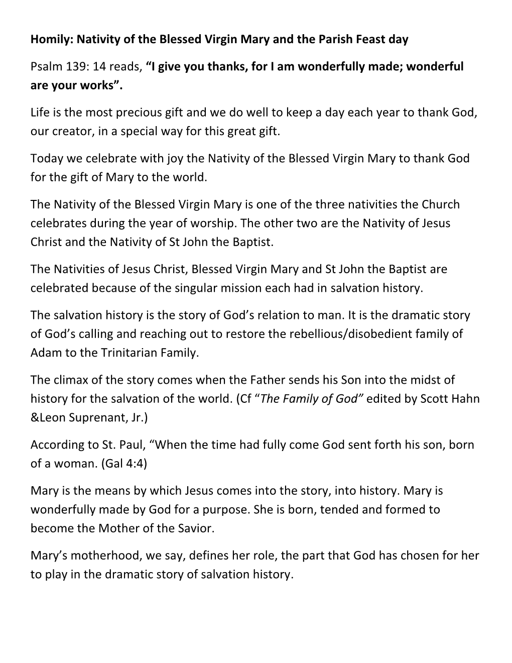 Nativity of the Blessed Virgin Mary and the Parish Feast Day Psalm