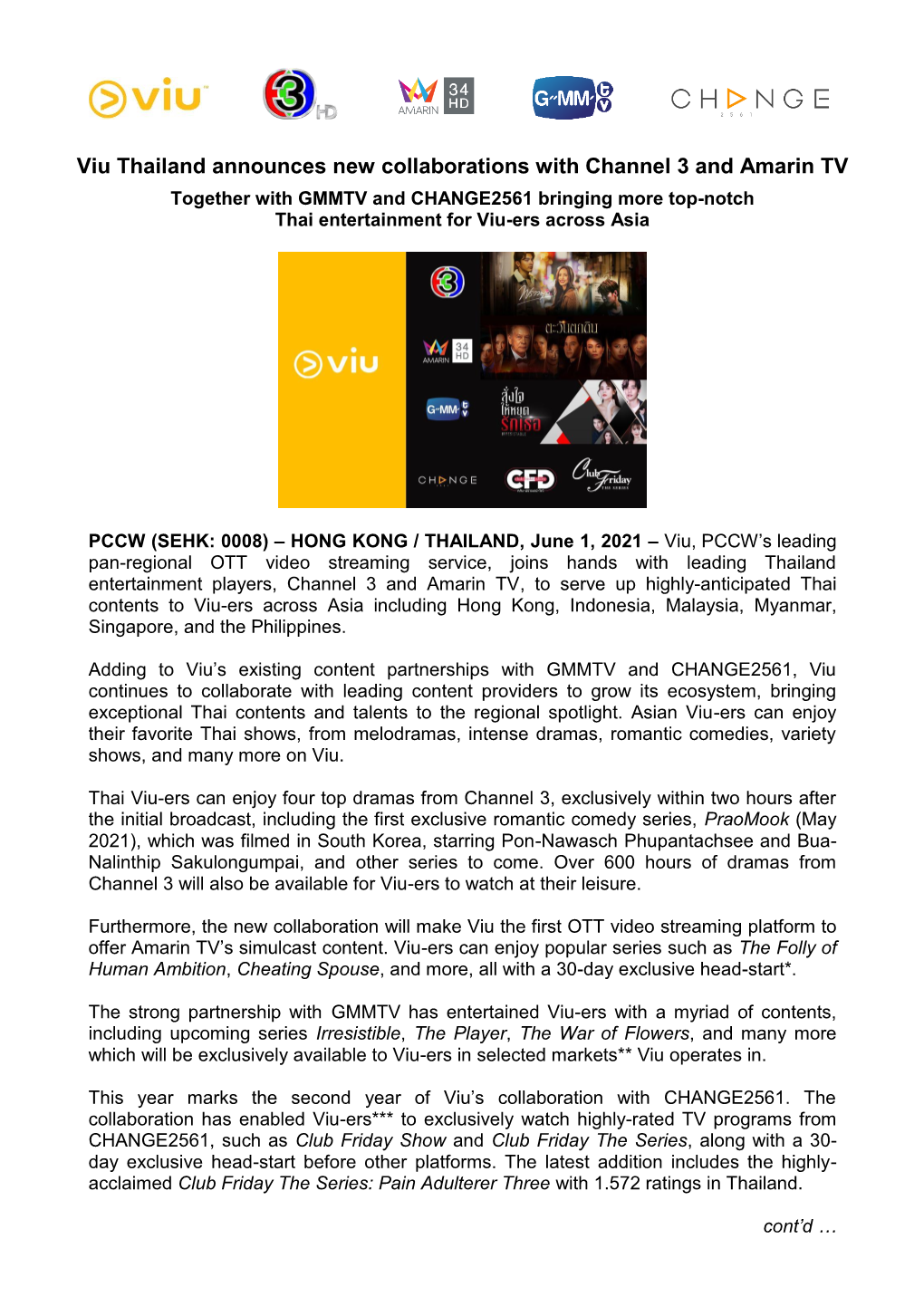 Viu Thailand Announces New Collaborations with Channel 3 And