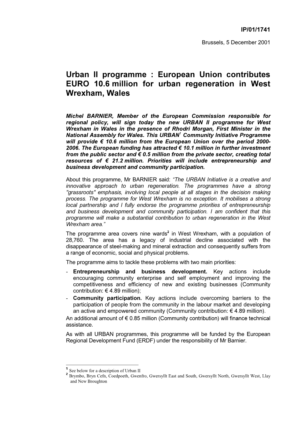 European Union Contributes EURO 10.6 Million for Urban Regeneration