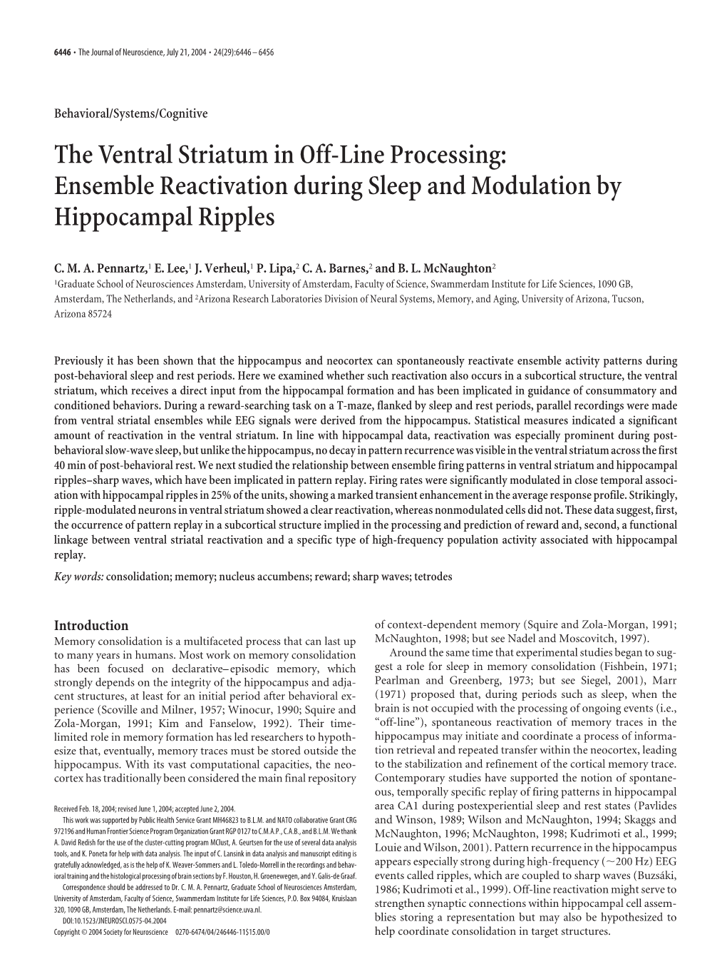 The Ventral Striatum in Off-Line Processing: Ensemble Reactivation During Sleep and Modulation by Hippocampal Ripples