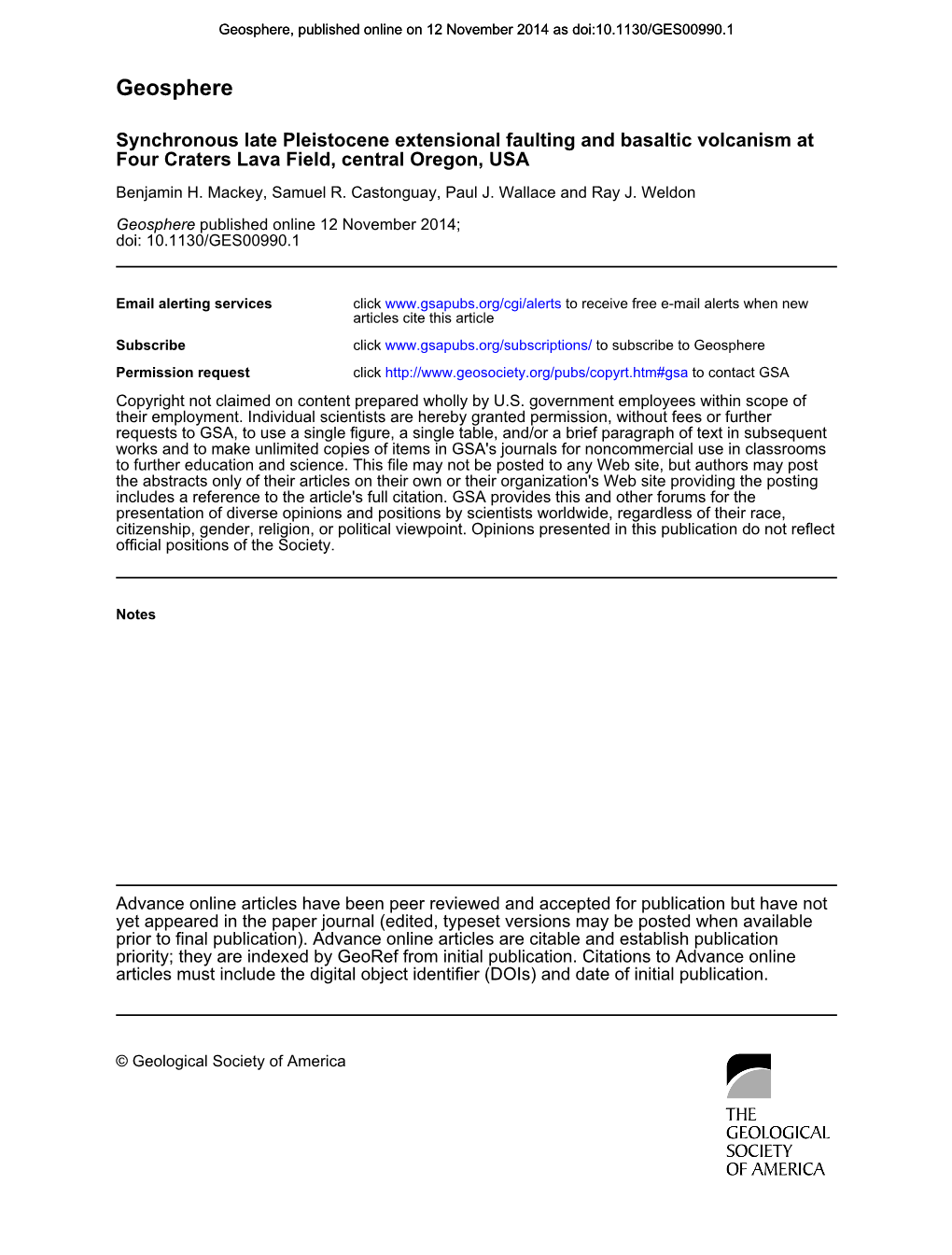 Geosphere, Published Online on 12 November 2014 As Doi:10.1130/GES00990.1