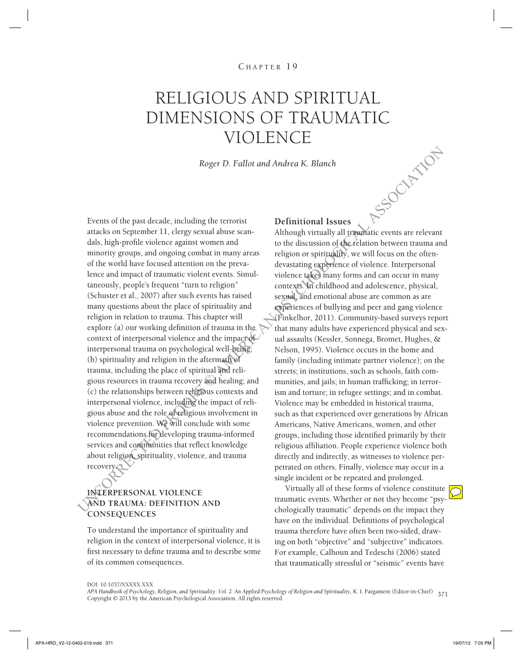 Religious and Spiritual Dimensions of Traumatic Violence