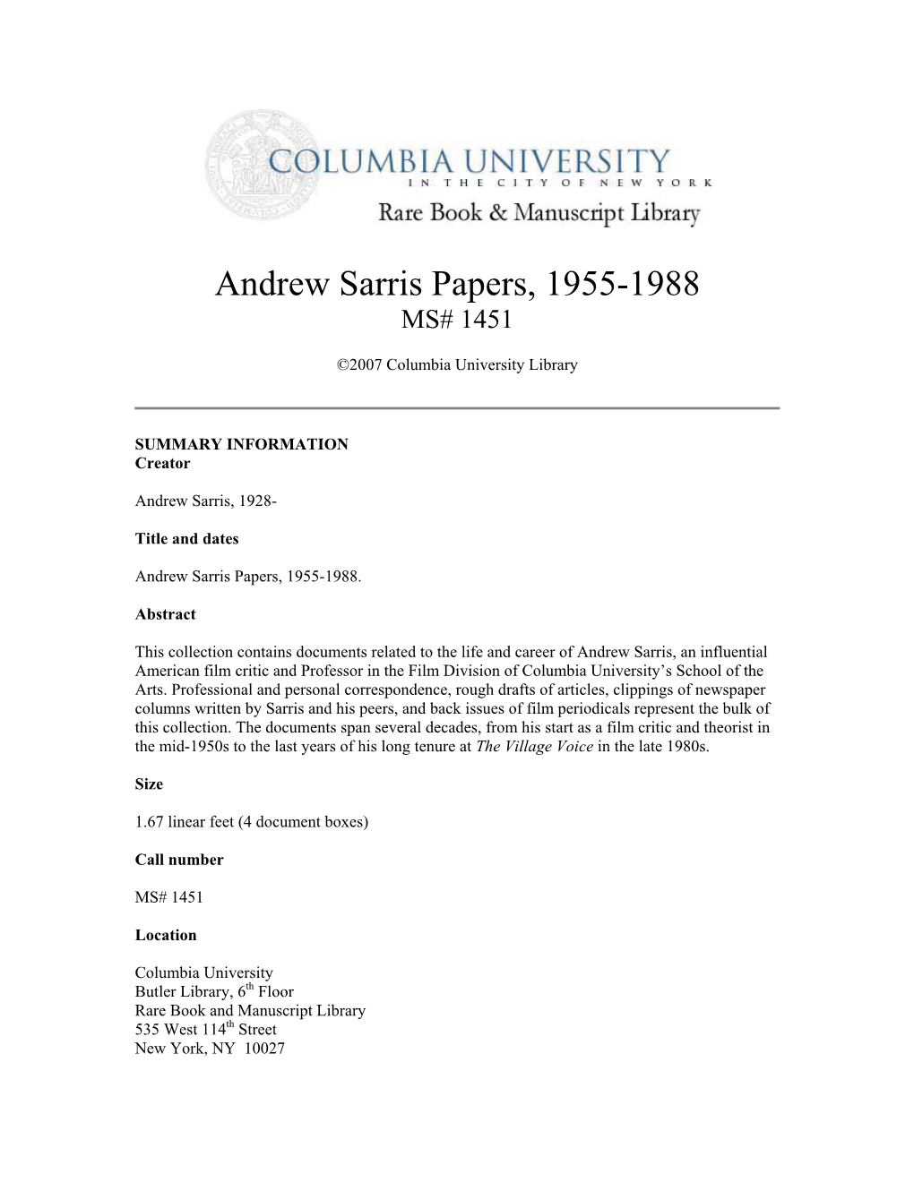 Andrew Sarris Papers, 1955-1988 MS# 1451