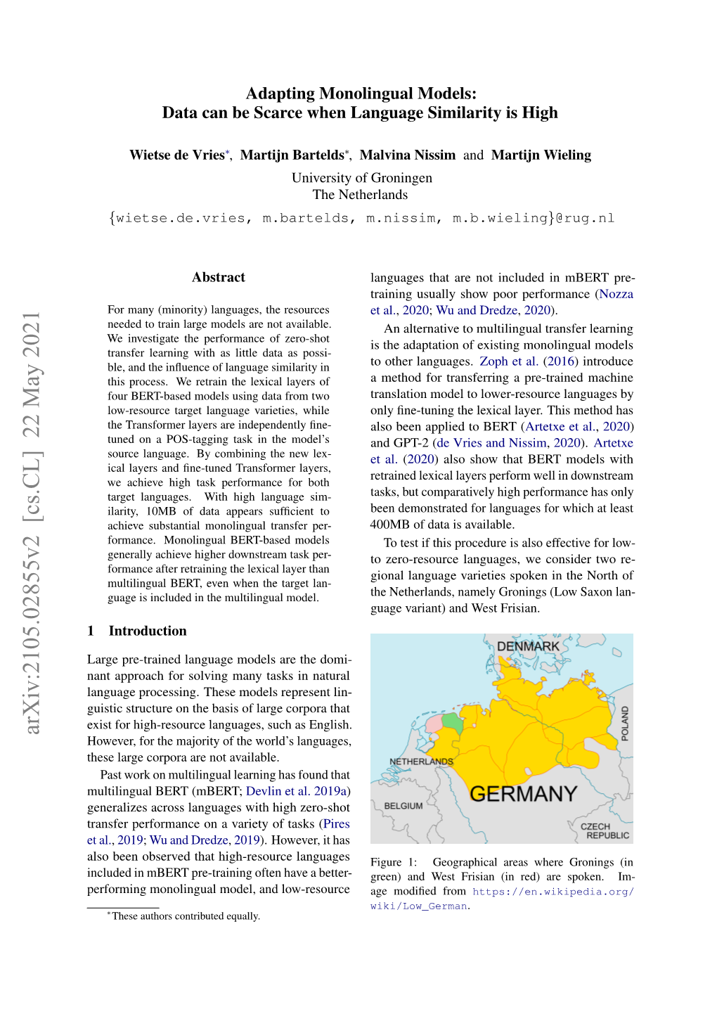 Arxiv:2105.02855V2 [Cs.CL] 22 May 2021 However, for the Majority of the World’S Languages, These Large Corpora Are Not Available