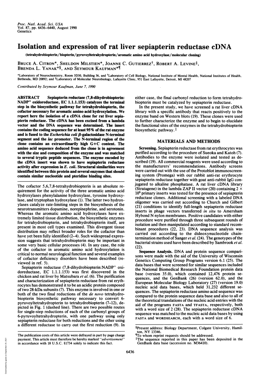 Isolation and Expression of Rat Liver Sepiapterin Reductase Cdna