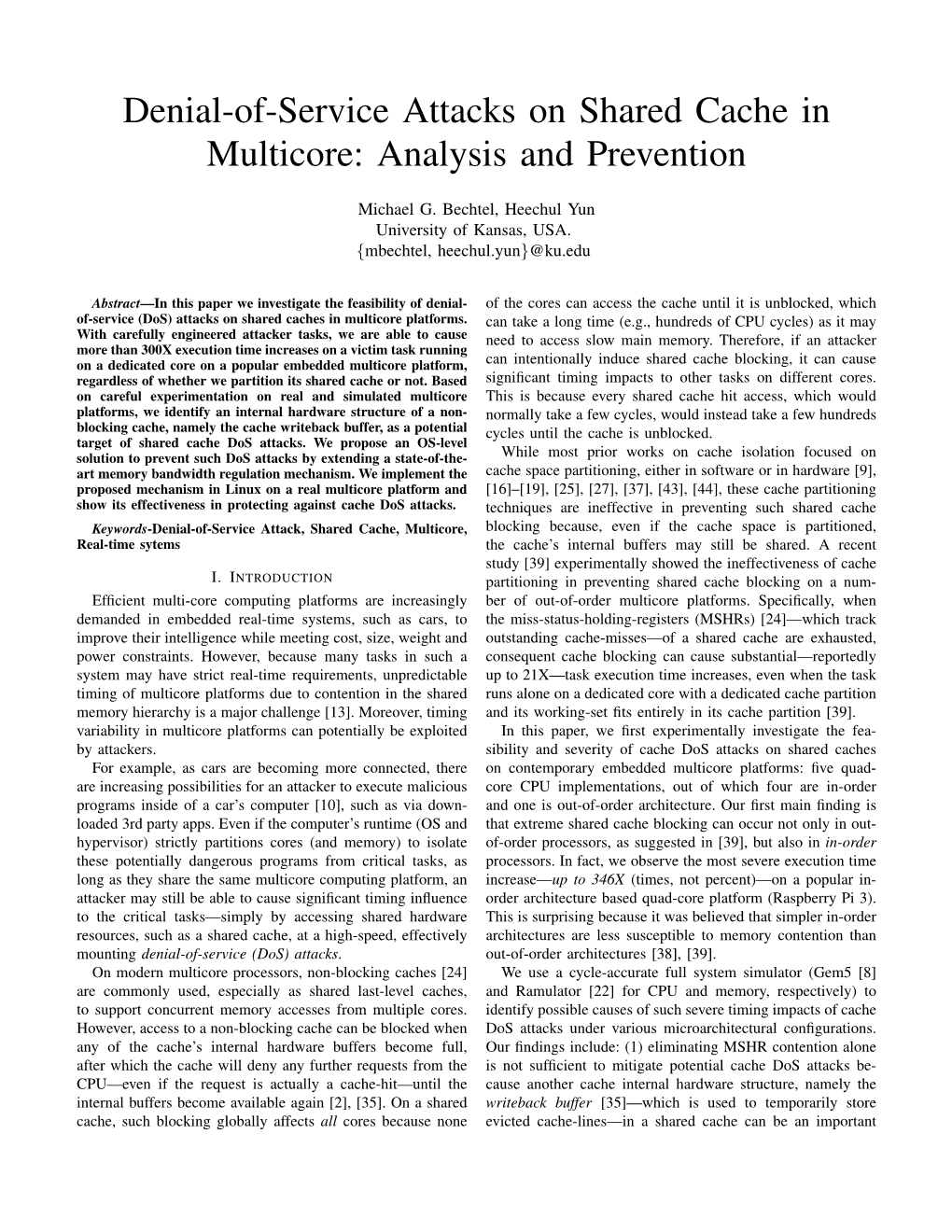 Denial-Of-Service Attacks on Shared Cache in Multicore: Analysis and Prevention