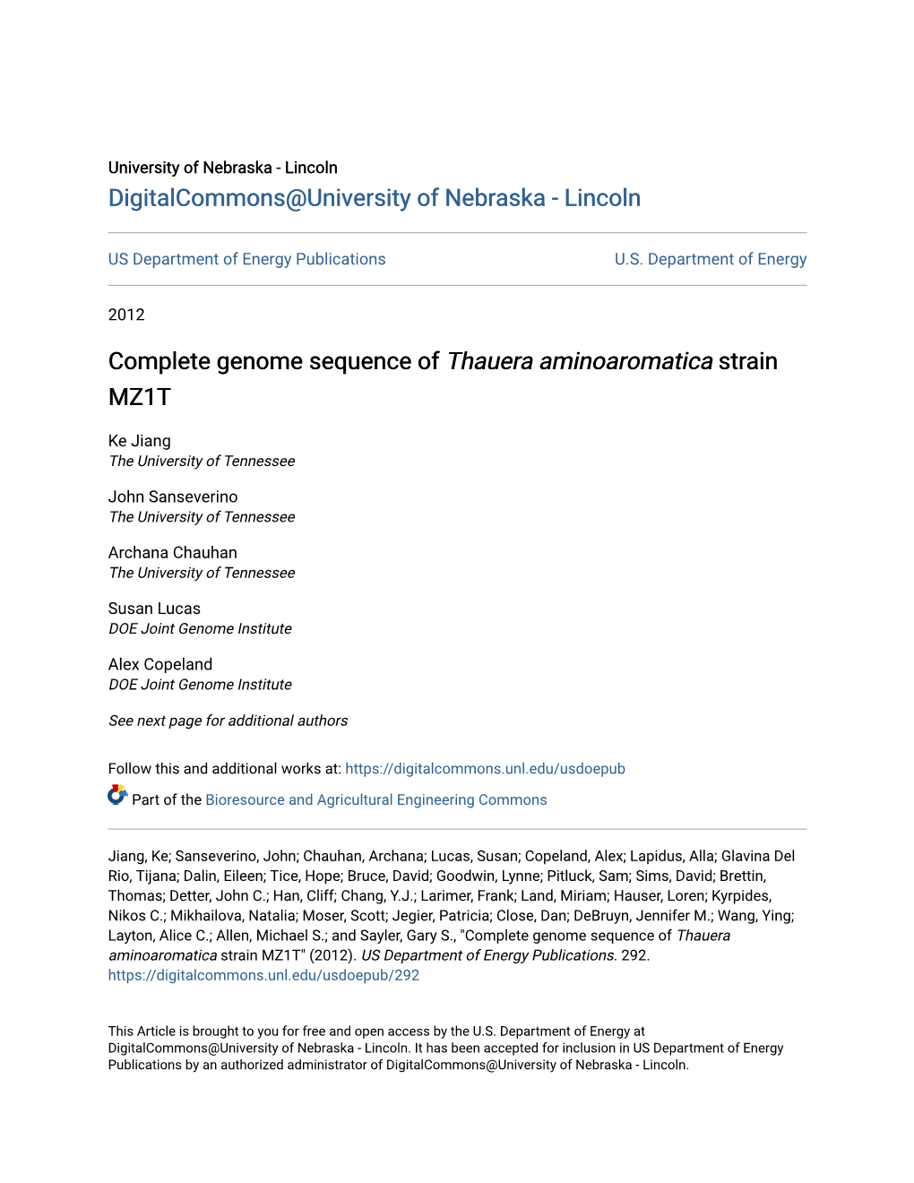 <I>Thauera Aminoaromatica</I> Strain MZ1T