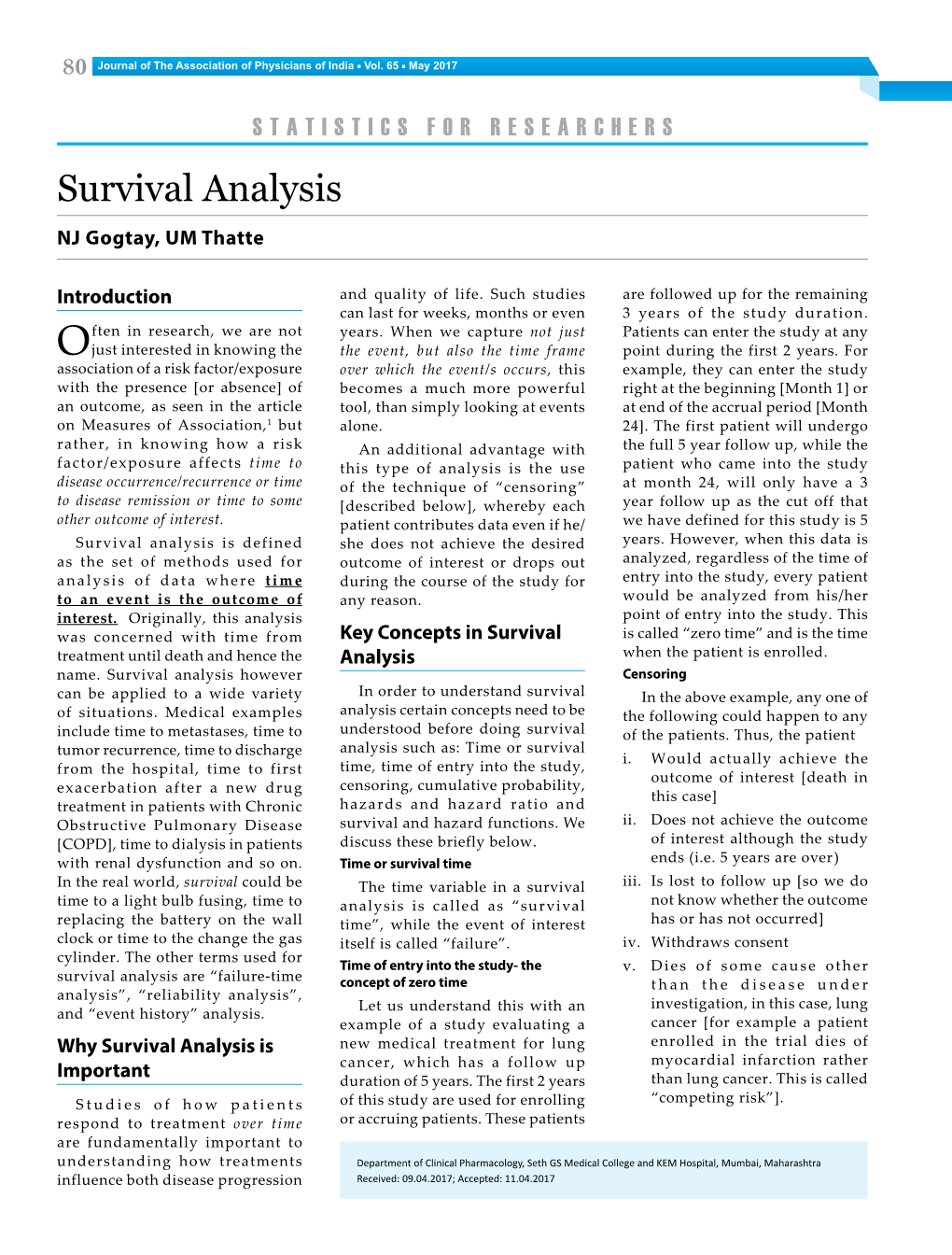 Survival Analysis NJ Gogtay, UM Thatte