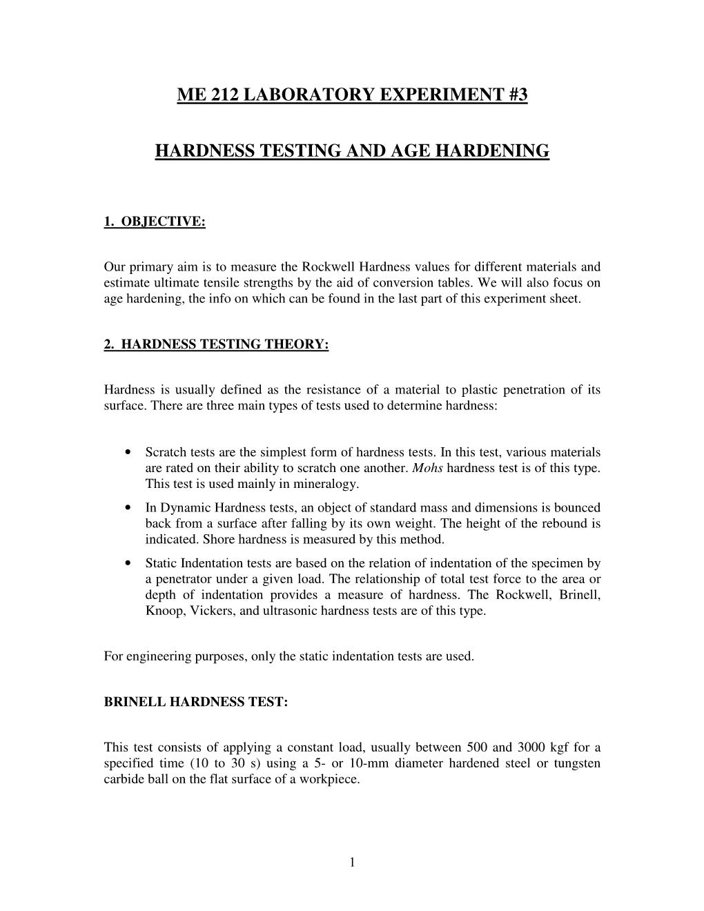 Me 212 Laboratory Experiment #3 Hardness Testing And